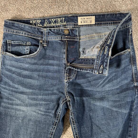 TK Axel Jeans Mens 35x30 Blue Slim Boot Stretch Embroidered Pockets AXMB005-6 - Picture 6 of 15